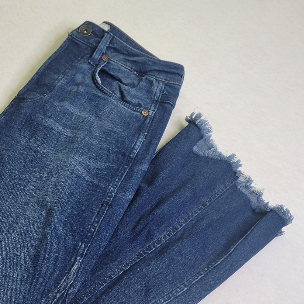 Free People Button Fly,‎ Flair, Assymetrical Raw Hem, Patchwork, Med wash sz 27